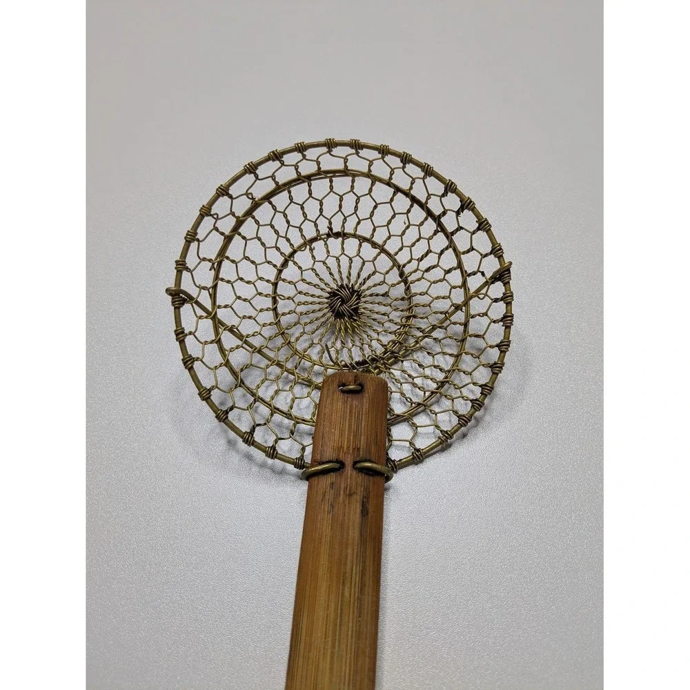 Bamboo‑Handled Wire Skimmer – Hex Mesh Stainless Strainer Vintage